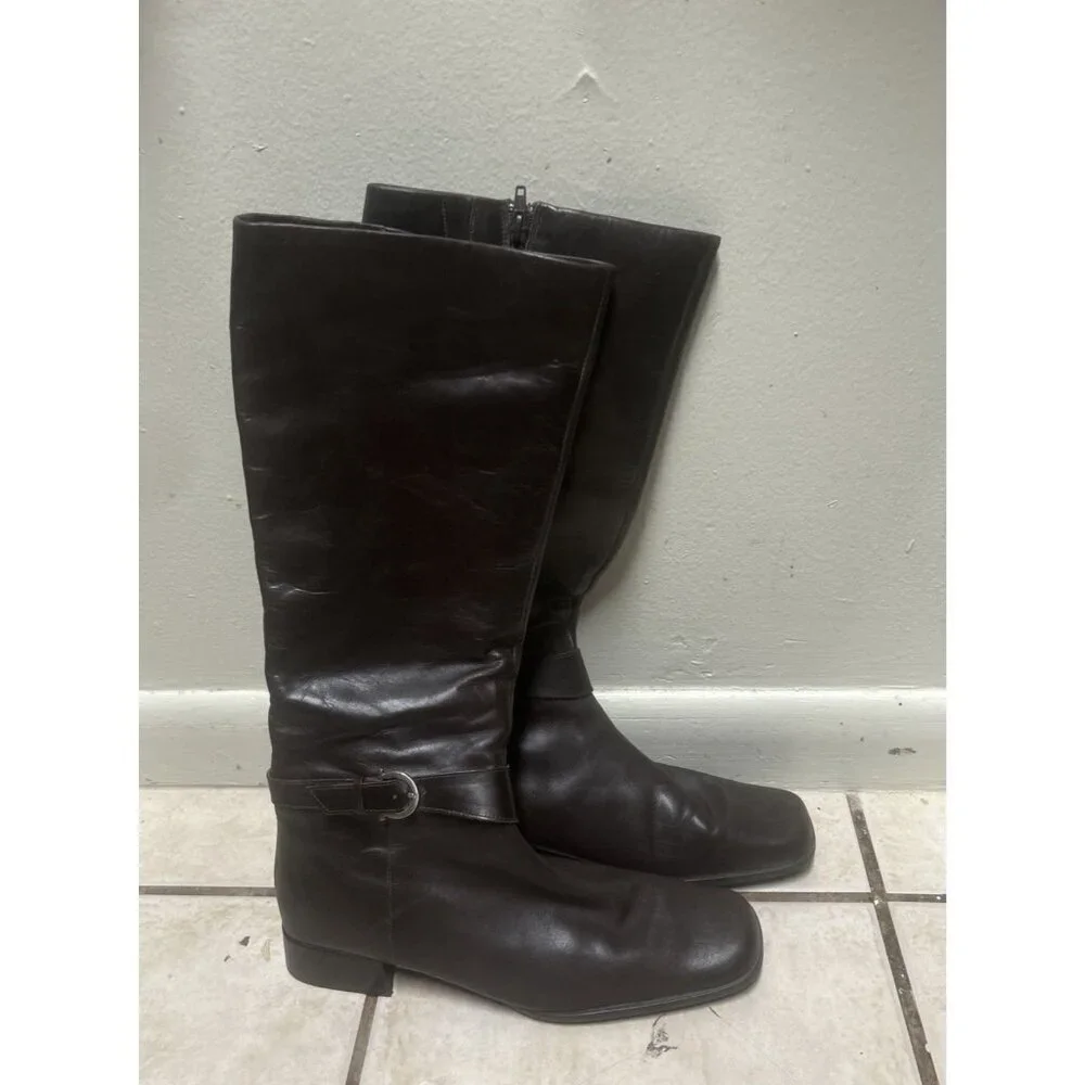 Etienne Aigner Brown Leather Knee-High Boots Square Toe Women's 10m